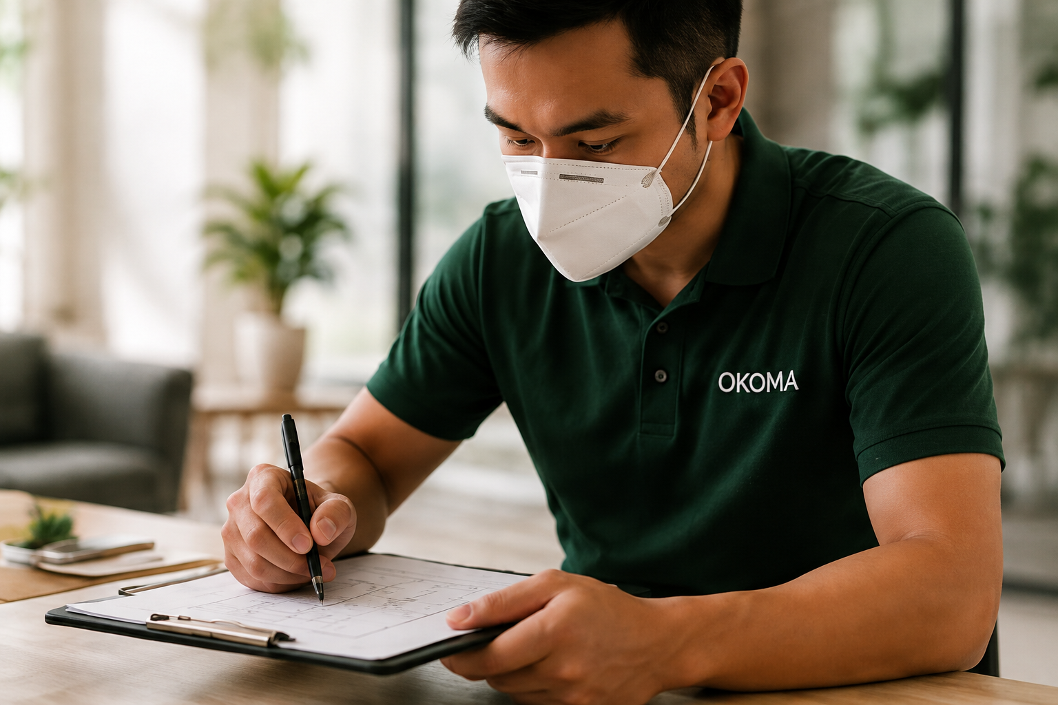 An Okoma technician writing a plan on a clipboard